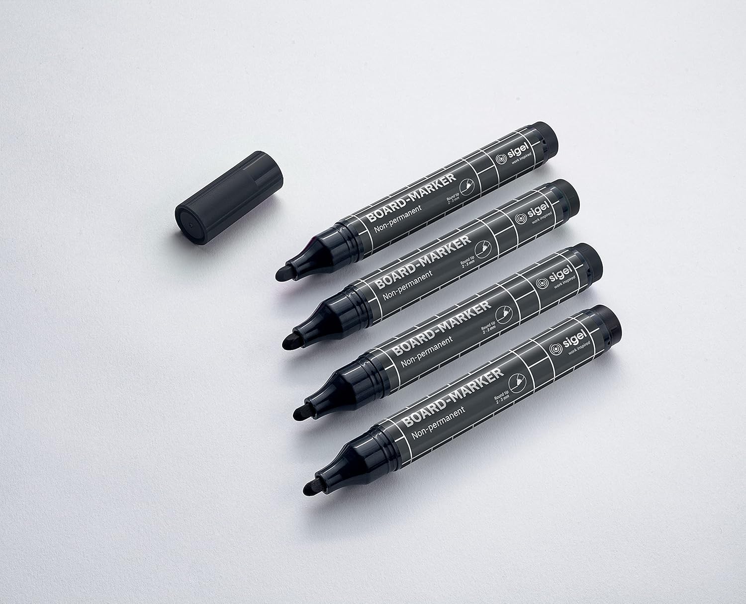 Sigel BA012 Set of 4 Glass/WhiteBoard markers, erasable, cap off ink, Ø 2-3 mm bullet tips, Black