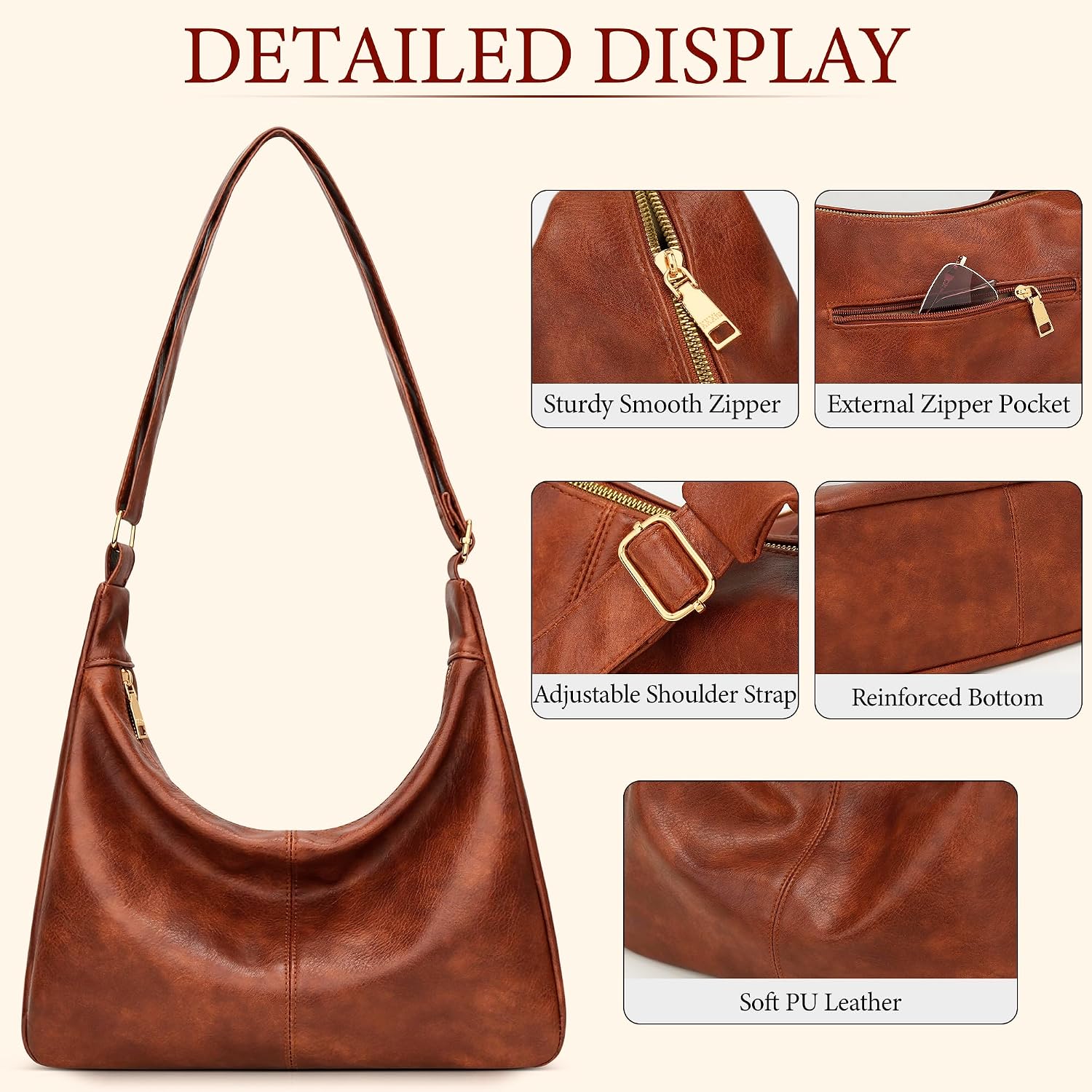 KKXIU Slouchy Hobo Bags for Women - Ultra Soft Foldable Shoulder Handbag Vegan Leather Tote Purse with Reinforced Zipper