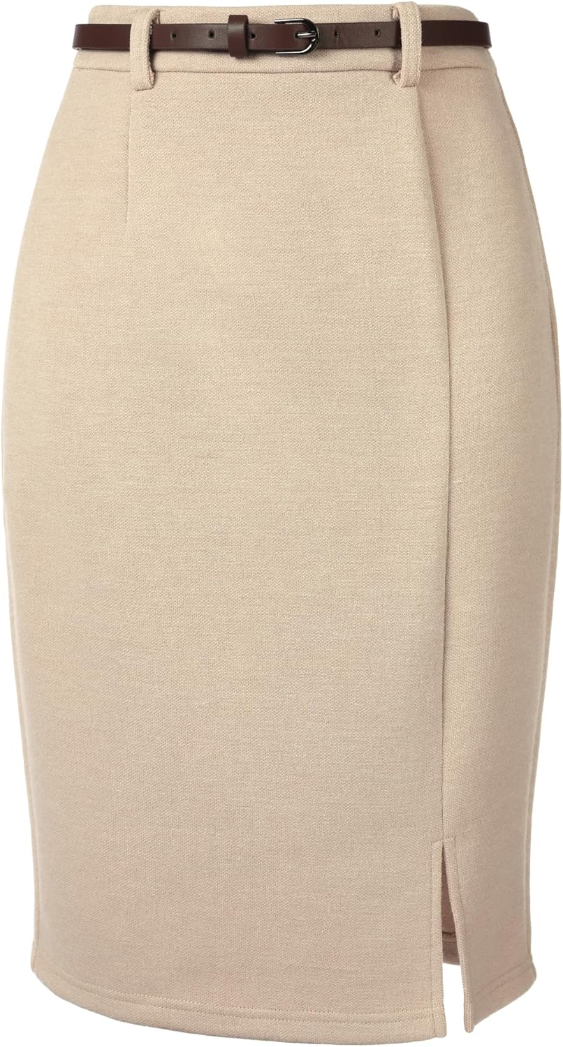 Allegra K Pencil Skirt for Women Knee Length High Waisted Skirts with Slit Elegant Office Work Skirt with Belt
