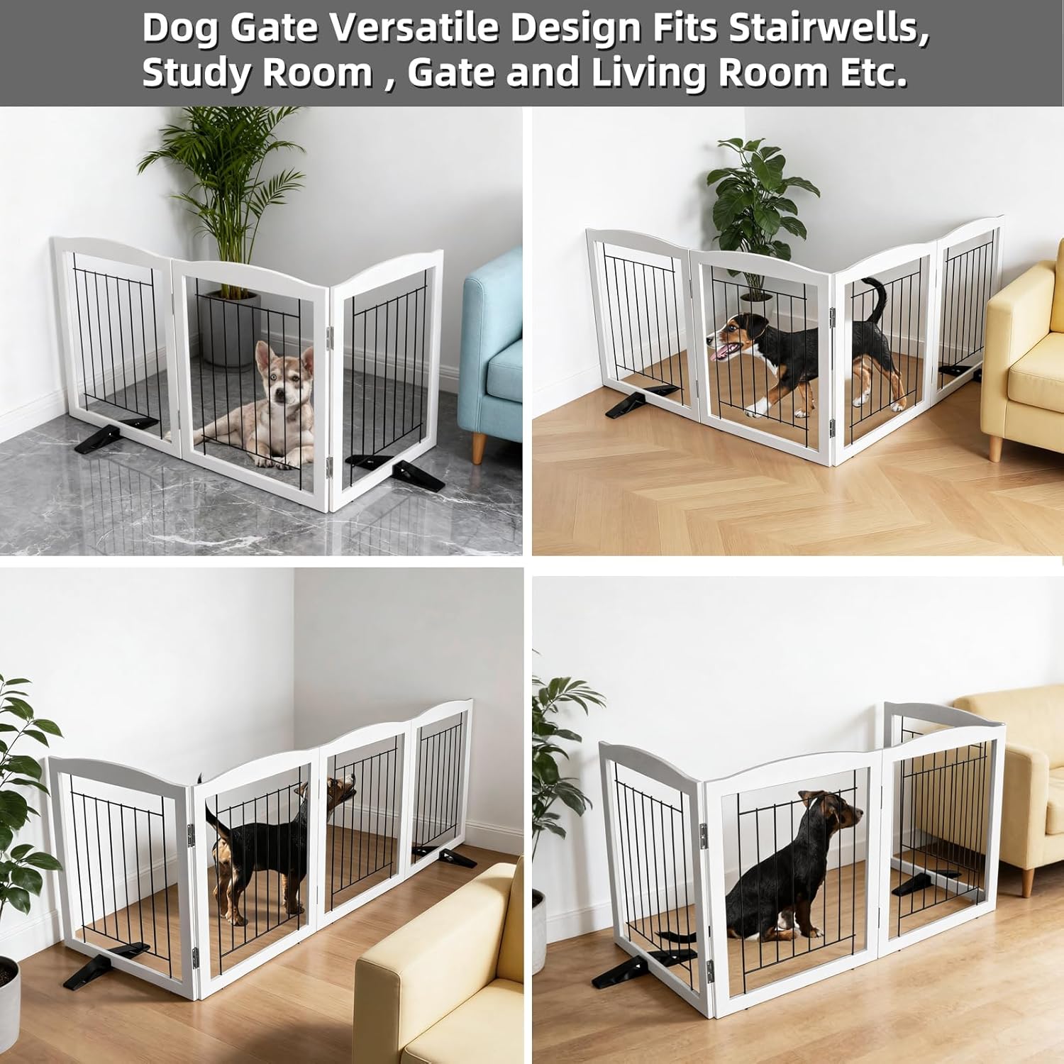 Dog Fence Indoor,Dog Gate Indoor for Doorway pet gate -3-Panel Freestanding, Hallways, House or Stairs -60x24-Inch Retractable Foldable Expandable Wood Pet by SFJC (White)