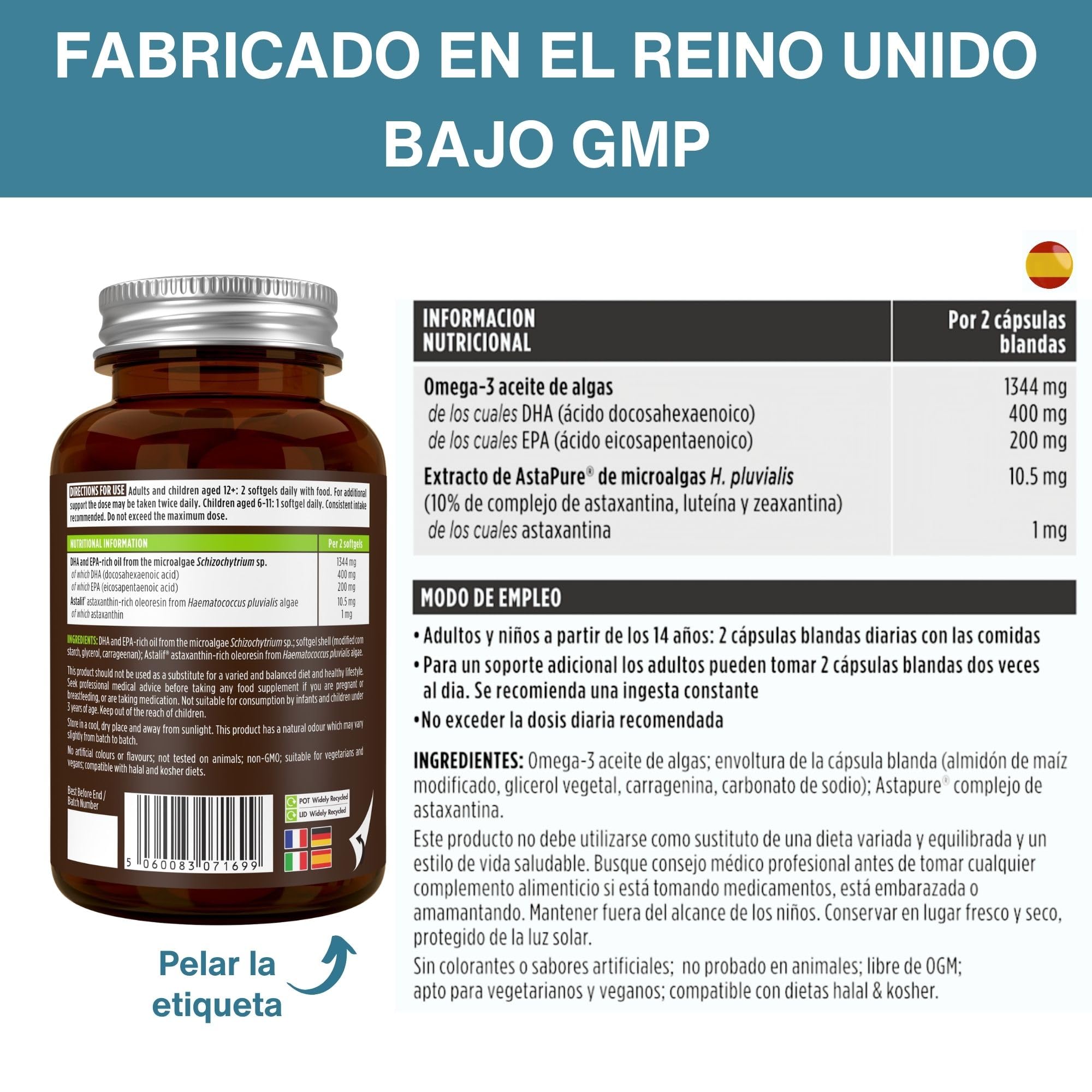 Omega 3 Vegano, Aceite de Algas & Astaxantina, 1344 mg Omega 3 Certificado, 180 Cápsulas Blandas, (DHA 400 mg + EPA 600 mg), Ingredientes Puros, Softgels fáciles de tragar, de Igennus