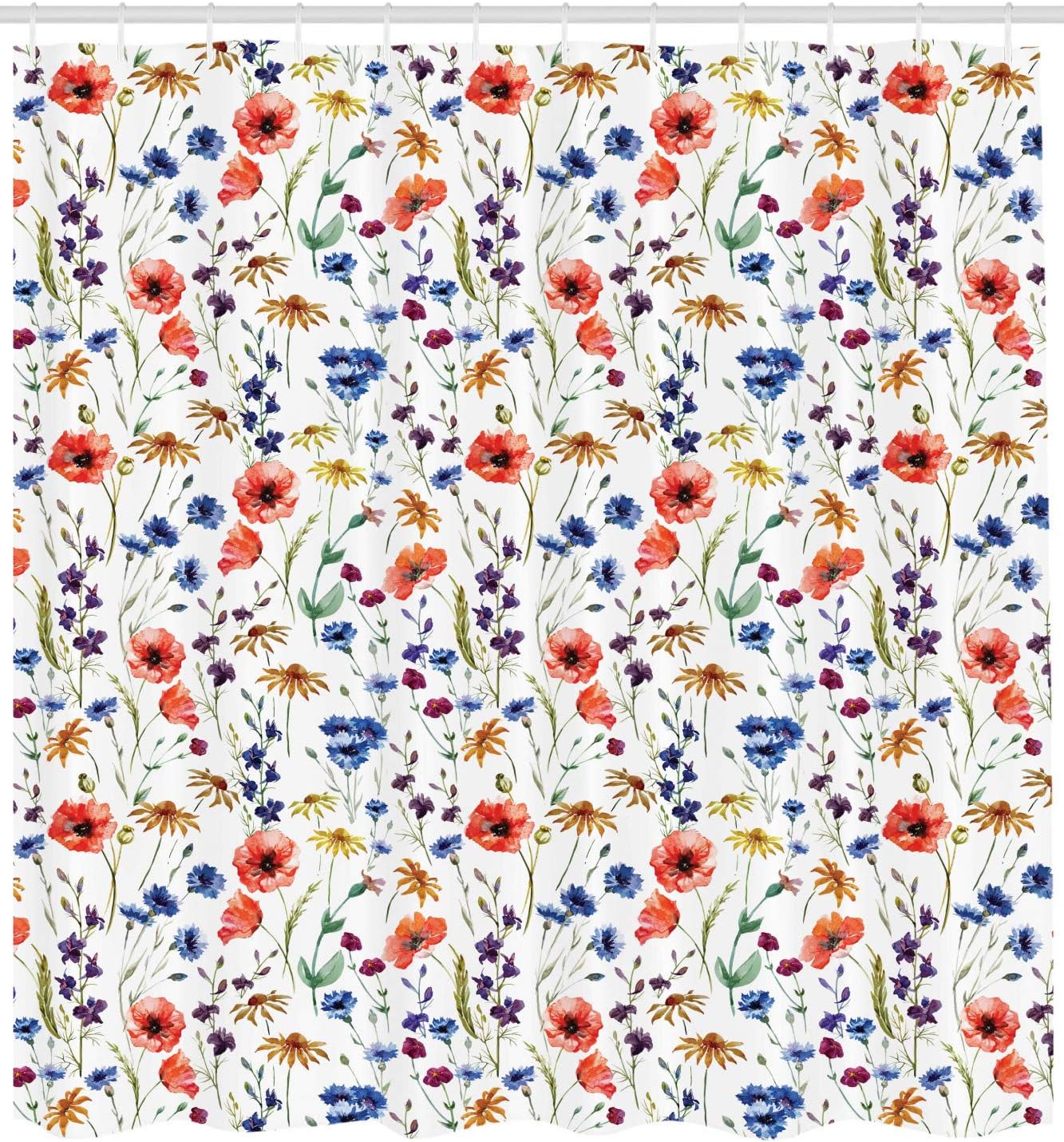Ambesonne Flower Shower Curtain, Wildflowers Poppy and a Chamomile Cornflowers Daisies by The Countryside Spring Illustration, Cloth Fabric Bathroom Decor Set with Hooks, 69" W x 84" L, Orange Blue