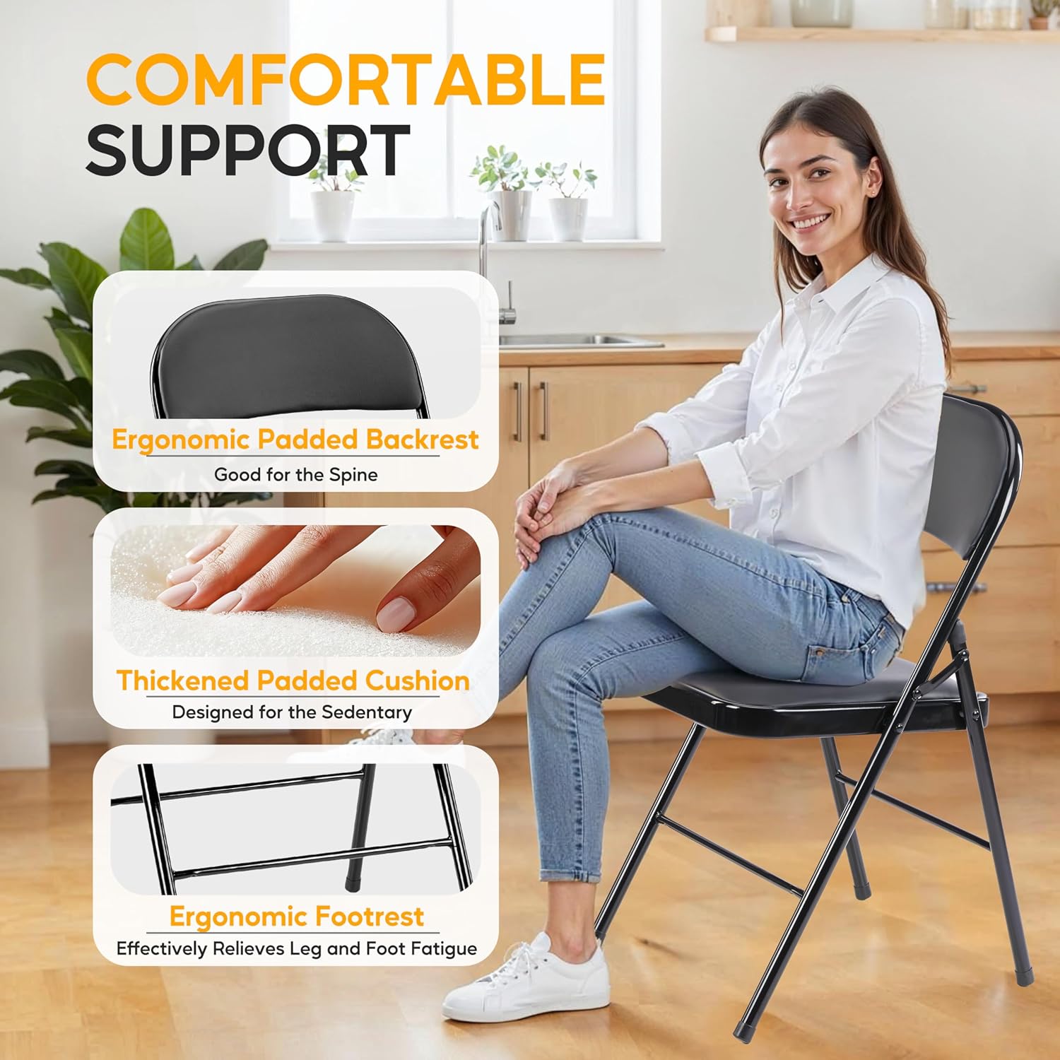 HealSmart 2 Pack Folding Chairs with Leather Padded Cushion Seats, Back & Sturdy Metal Frame, Stackable, Portable, Commercial Event Seat, Indoor Outdoor for Parties, Home Event, Office, Black