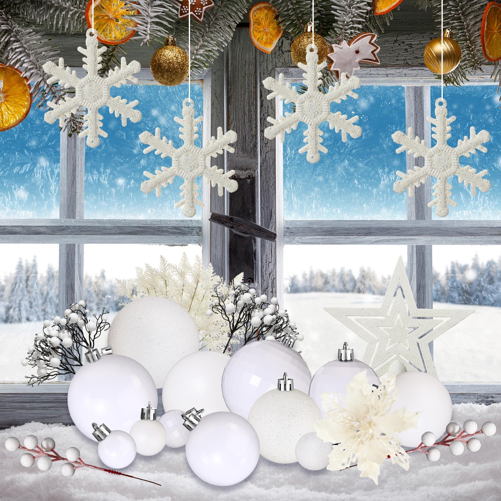 Lot de 94 décorations de sapin de Noël comprenant des boules de Noël à paillettes - Fleurs poinsettia à paillettes - Baies et tiges pour Noël, vacances, mariage (blanc)