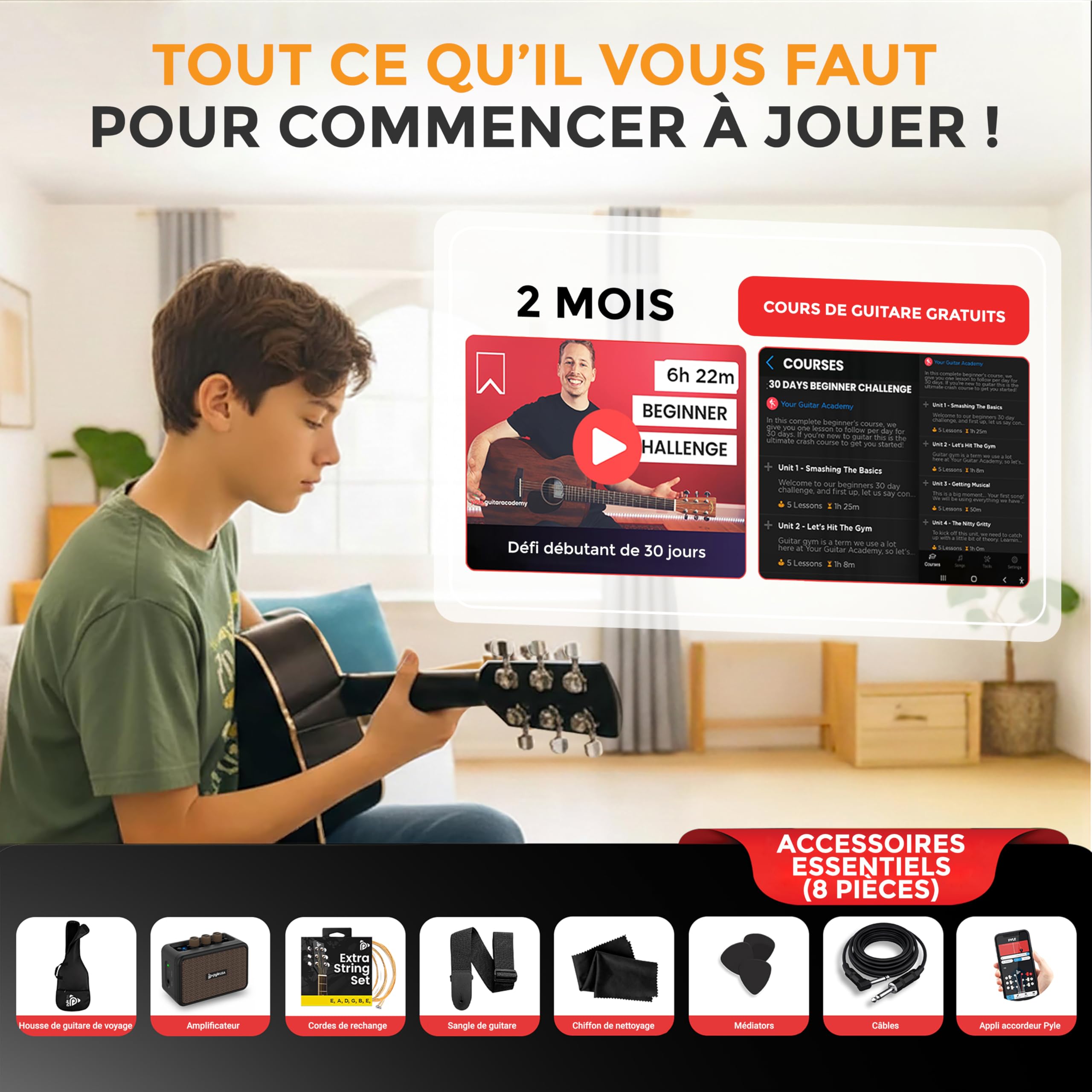 Pyle Guitare Acoustique pour Gauchers de Taille ¾ – Guitare Classique à 6 Cordes 36” pour Débutants avec Étui, Accordeur Numérique, Sangle, Cordes, Médiators – Idéale pour Étudiants Gauchers