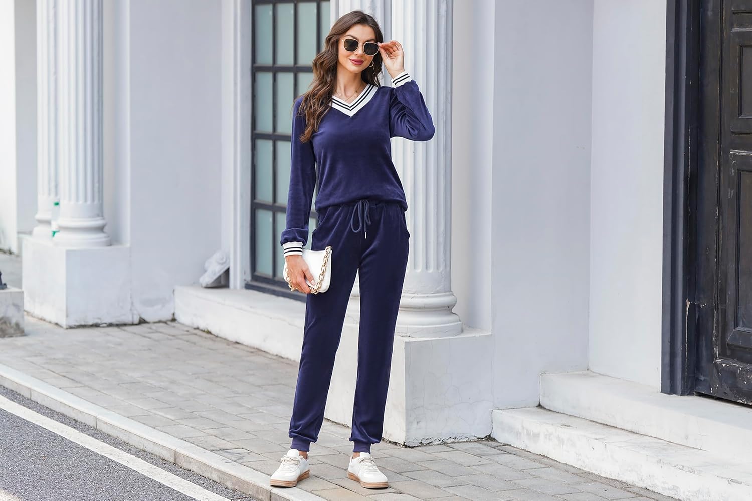 Irevial Women's Striped V Neck Velour Tracksuit Two Piece Sweatsuits Sets with Pocket