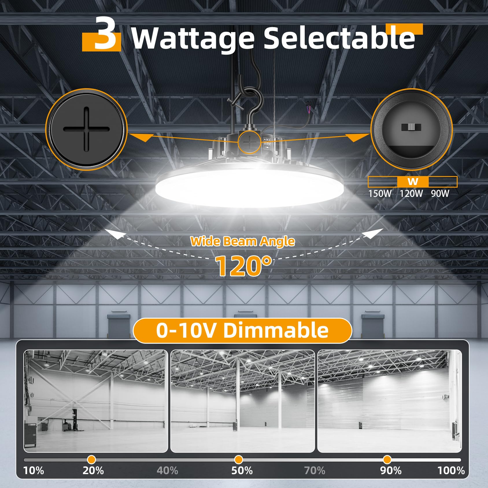 480V UFO LED High Bay Light 150W 120W 90W Adjustable UL DLC Listed 5000K Daylight 21000LM 0-10V Dimmable — view 3