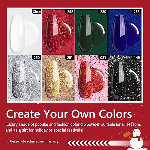 Miniatura 2 de AZUREBEAUTY - Kit de uñas en polvo de inmersión para principiantes, 8colores, transparente, rojo oscuro con purpurina, dorado, con calcomanías, base