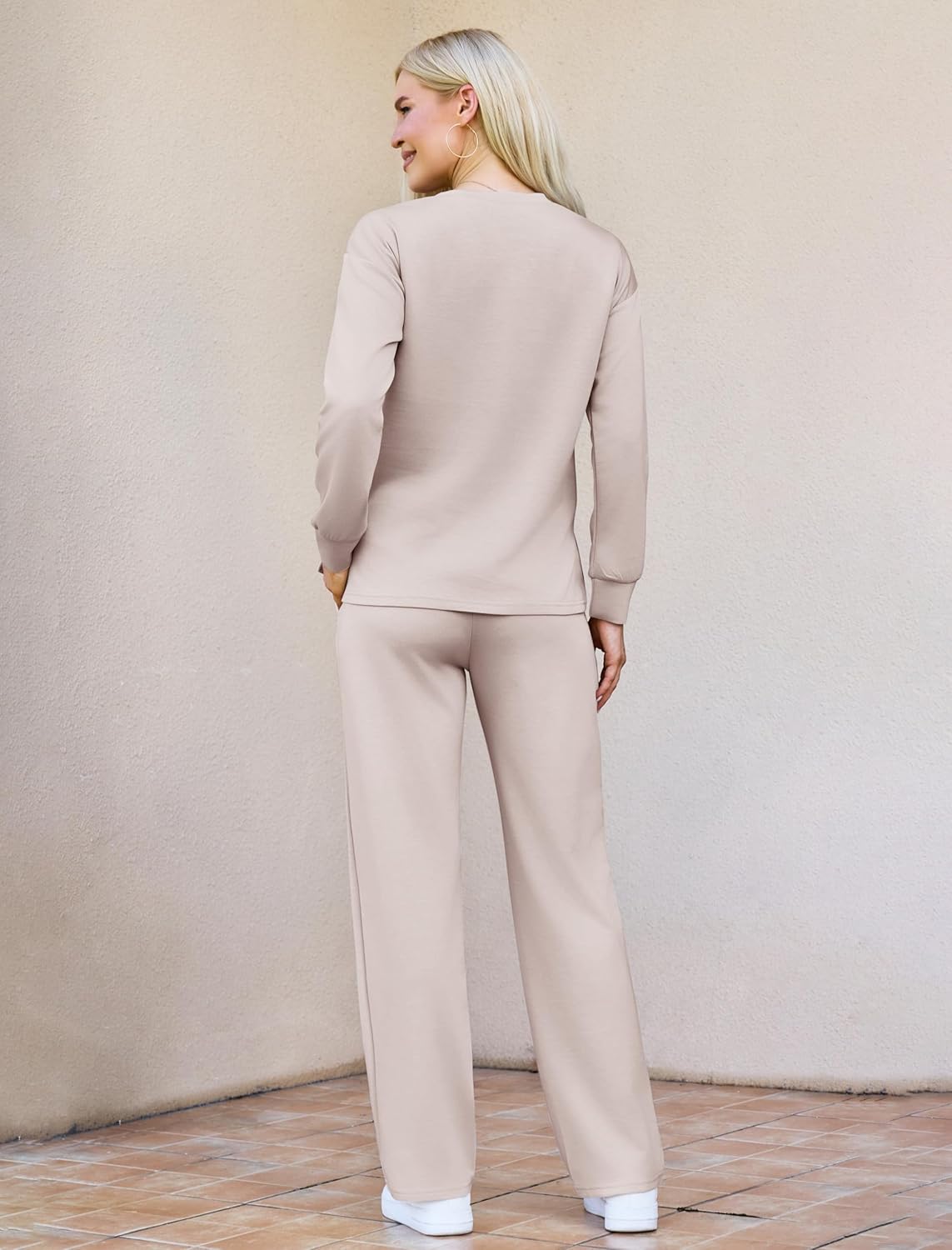 difficort Women's 2 Piece Lounge Sets Casual Travel Airport Outfits Side Slit V-Neck Tops & Wide Leg Pants Matching Set - Image 4