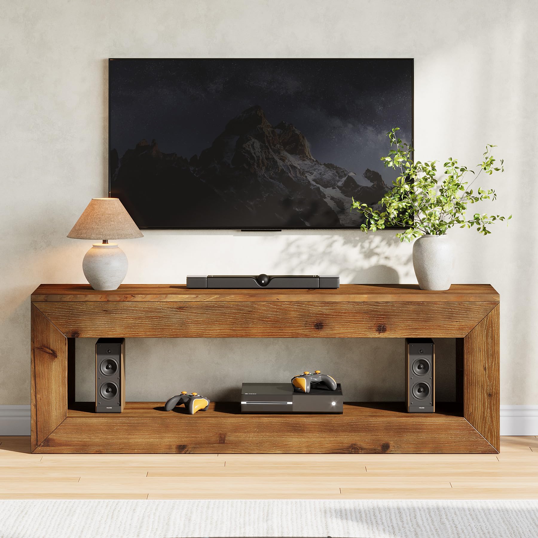 Meuble TV en Bois Massif, Meuble pour télévision Style Campagne jusqu'à 55 Pouces,120 cm Meuble sous téléviseur, Banc TV avec Rangement, Console TV pour Salon, Chambre, Marron Rustique