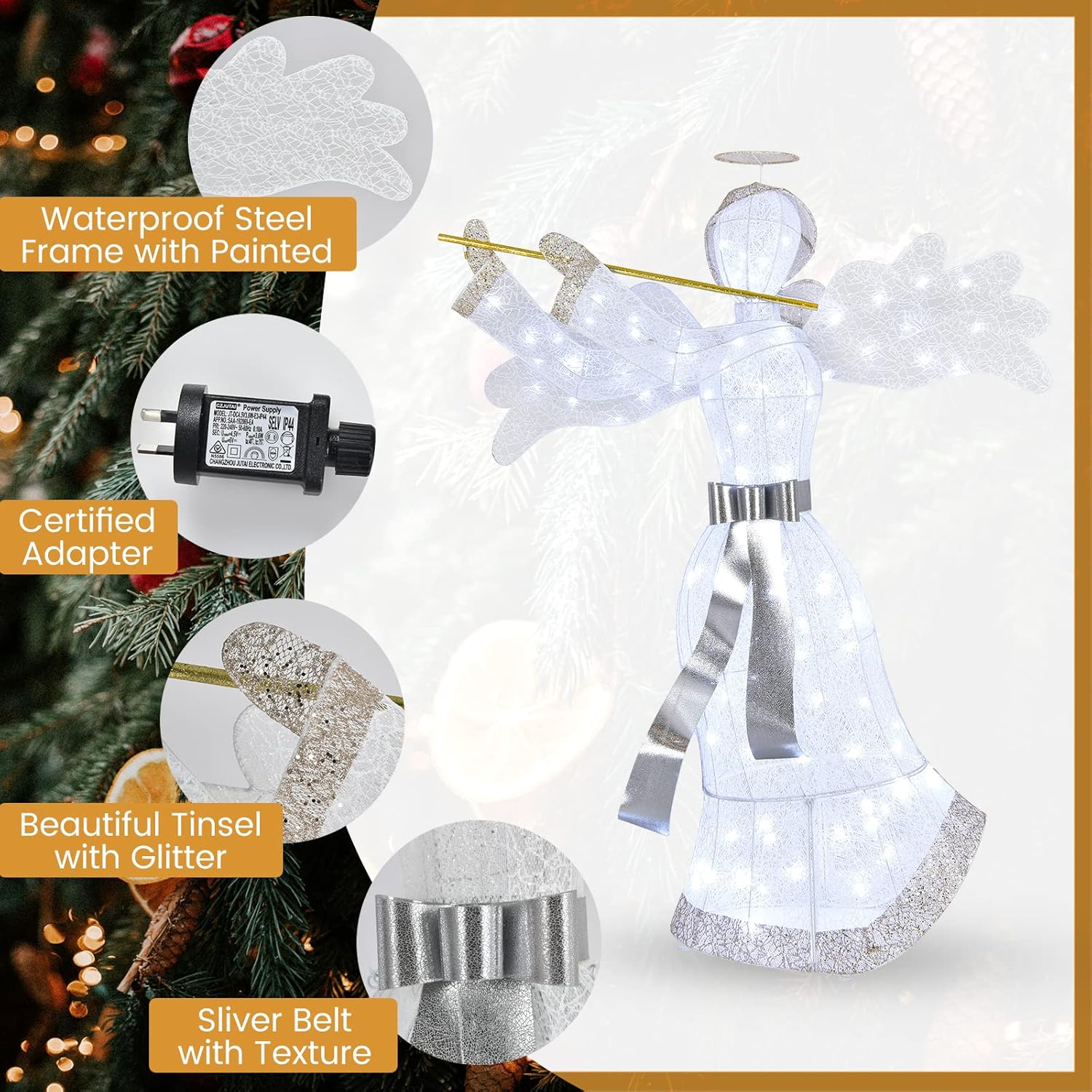 Detailed view of the Tangkula Lighted Angel's waterproof steel frame, certified adapter, beautiful tinsel with glitter, and silver belt with texture.