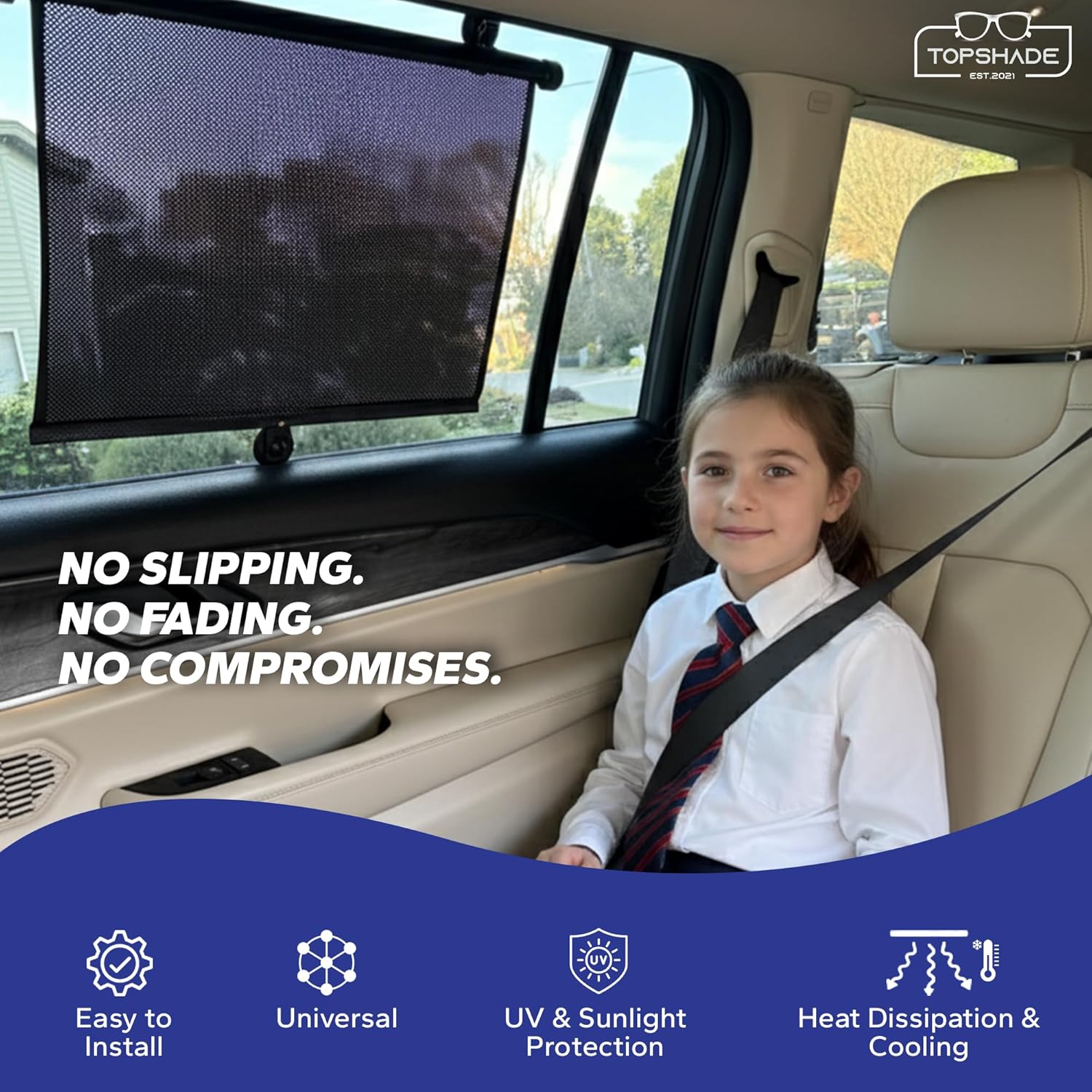 TopShade Car Window Roller Shade - Retractable Auto Side Window Sun Shade for Cars, Trucks, SUVs - UV Protection & Heat Blocker - Baby & Pet Safe - Easy Install (2 Pack, Large, Black)