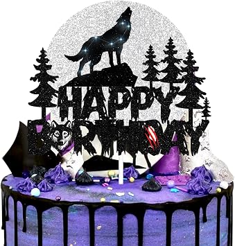 Wolf Happy Birthday Cake Topper - Timberwolf Howl Glitter Full Moon Cake Topper - Jungle Wild Animal Party Boys Girls Wolf Birthday Party Decorations Supplies