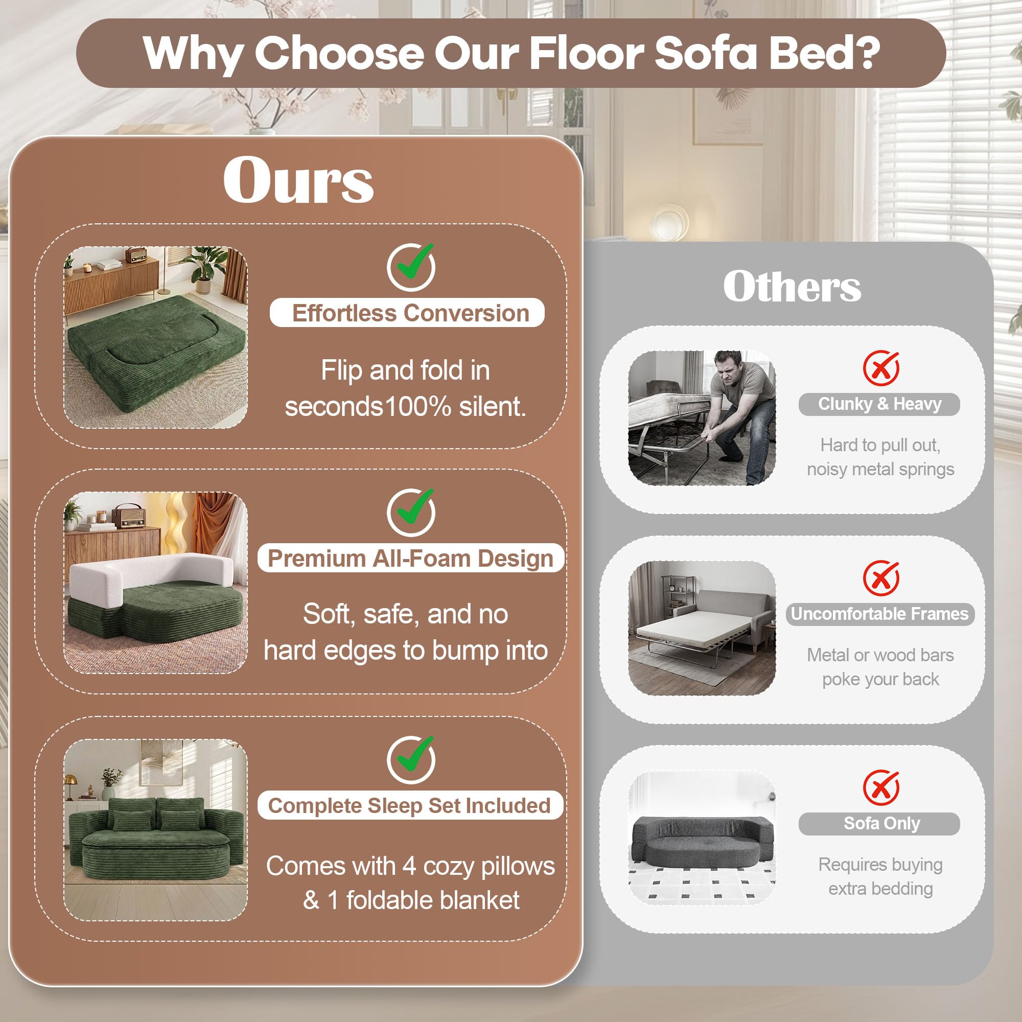 75'' Folding Sleeper Sofa Bed, Memory Foam Boneless Couch | Full Size Guest Bed Mattress, Modern 2-in-1 Floor Deep Seat Sleeper Sofa with 4 Pillows and Blanket | Corduroy Green