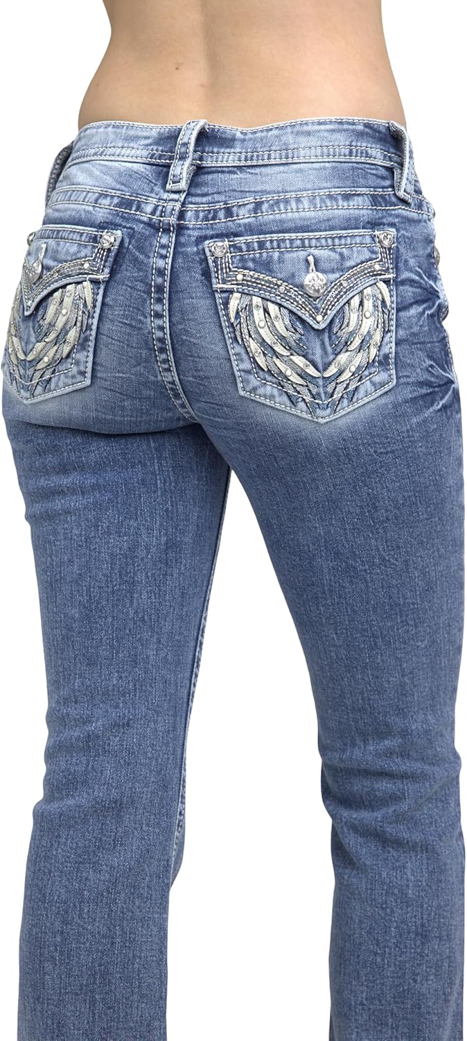 Miss Me Women's Denim Angel Wings Embellished Faux Flap Pockets Mid-Rise Bootcut Jeans