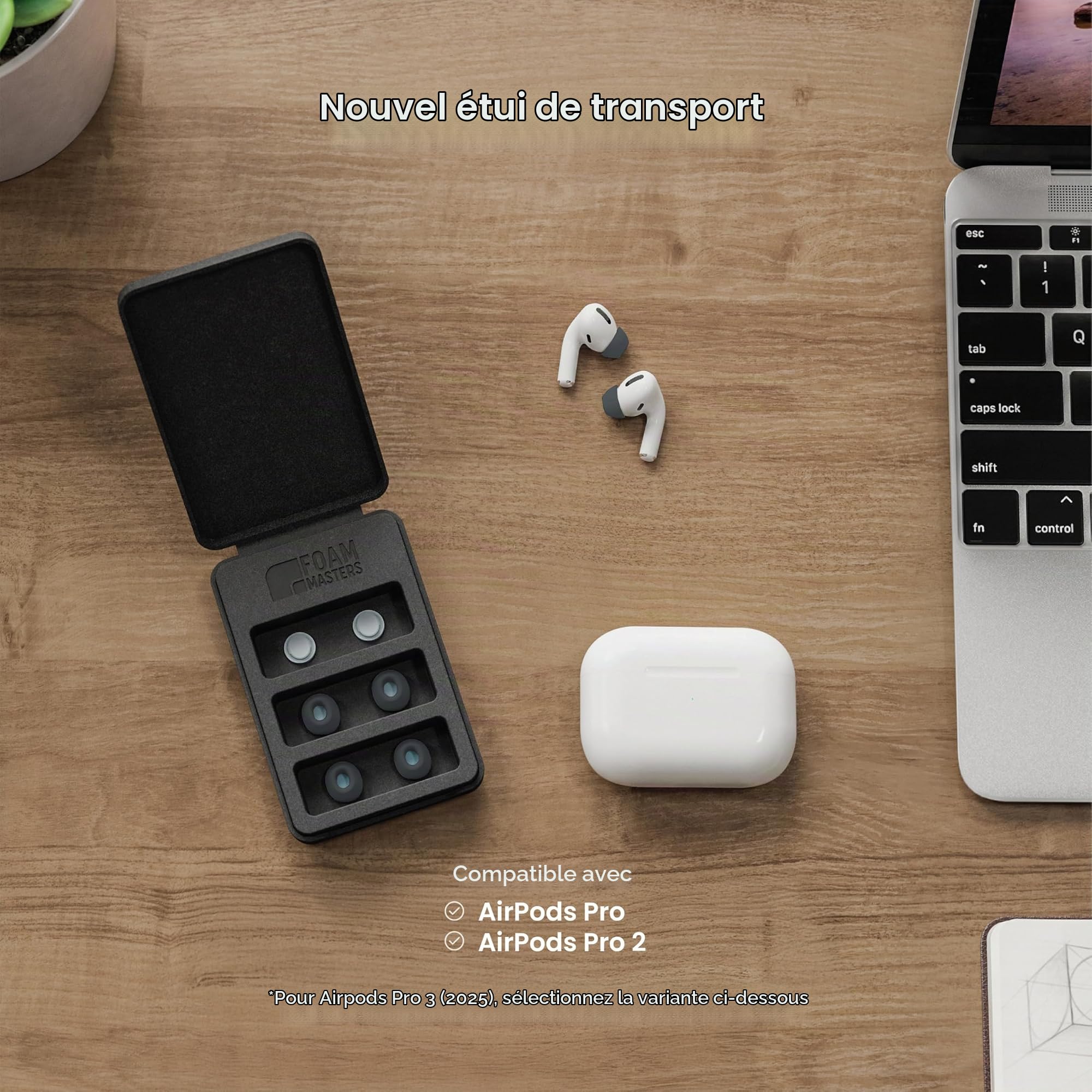 Foam Masters Lot de 3 Paires de Bouchons d'oreilles en Mousse à mémoire de Forme pour AirPods Pro 1ère et 2ème génération - Version 6.0 - Confortables et sûrs - Suppression du Bruit améliorée - Gris