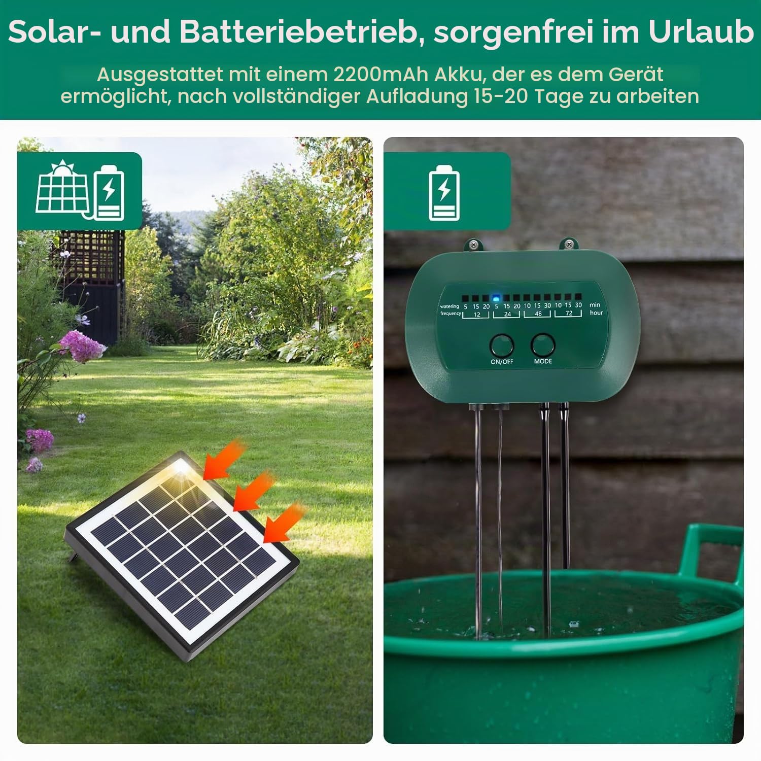Solar Bewässerungssystem, Garten Drip Automatische Solar Drip Bewässerung, Anti-Siphon Design für Topfpflanzen Gewächshaus, 12 Timing Modes Plant Bewässerung Geräte+15 M Schlauch