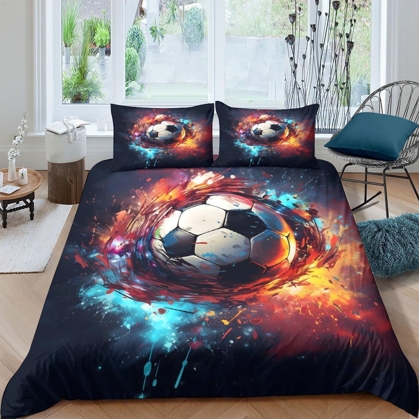 Ctjqhvkz Style-9 3D Printed Soccer Fire Fitted Sheet Microfiber Soft Breathable Football Splash Mattress Cover For Bedroom Dorm Decor Single（135X200cm）