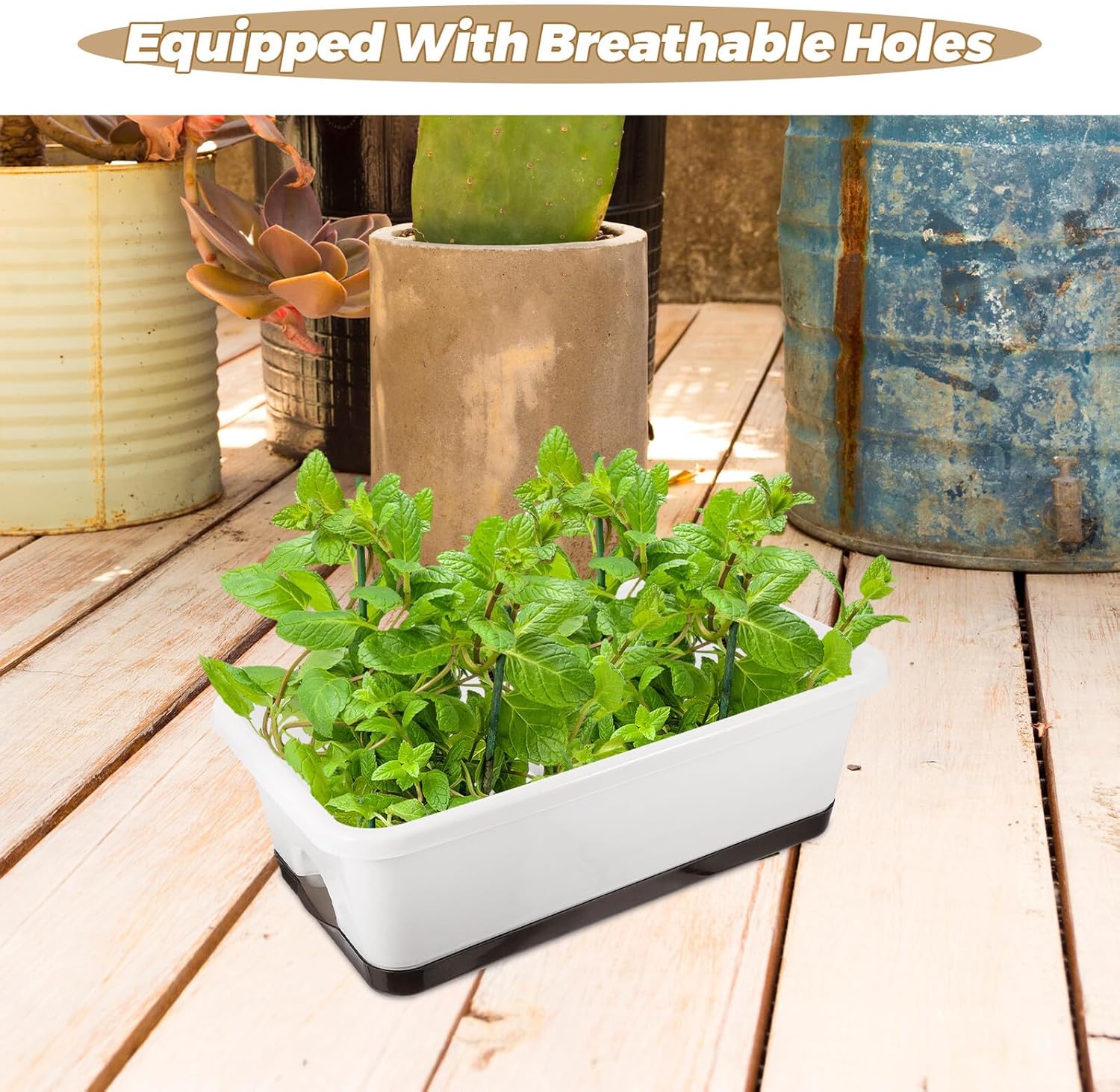 2pcs Rectangular Window Box Planters for Windowsill and Balcony Gardening, White Low-Profile Herb and Vegetable Growing Pots with Drainage, Indoor and Outdoor Garden Supply