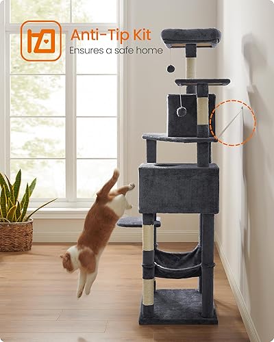 Miniatura 9 de Feandrea - Árbol para gatos de varios niveles para interiores, torre para gatos tipo condominio con 4 postes para rascar, 2 posaderos, hamaca y Gris