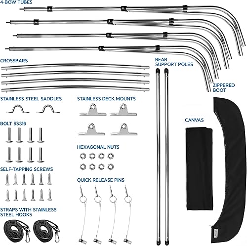 Miniatura 6 de NEH - Bimini Tops de 4 lazos para barcos, postes de apoyo, lona marina 900D a prueba de decoloración, funda de almacenamiento universal para pontón,