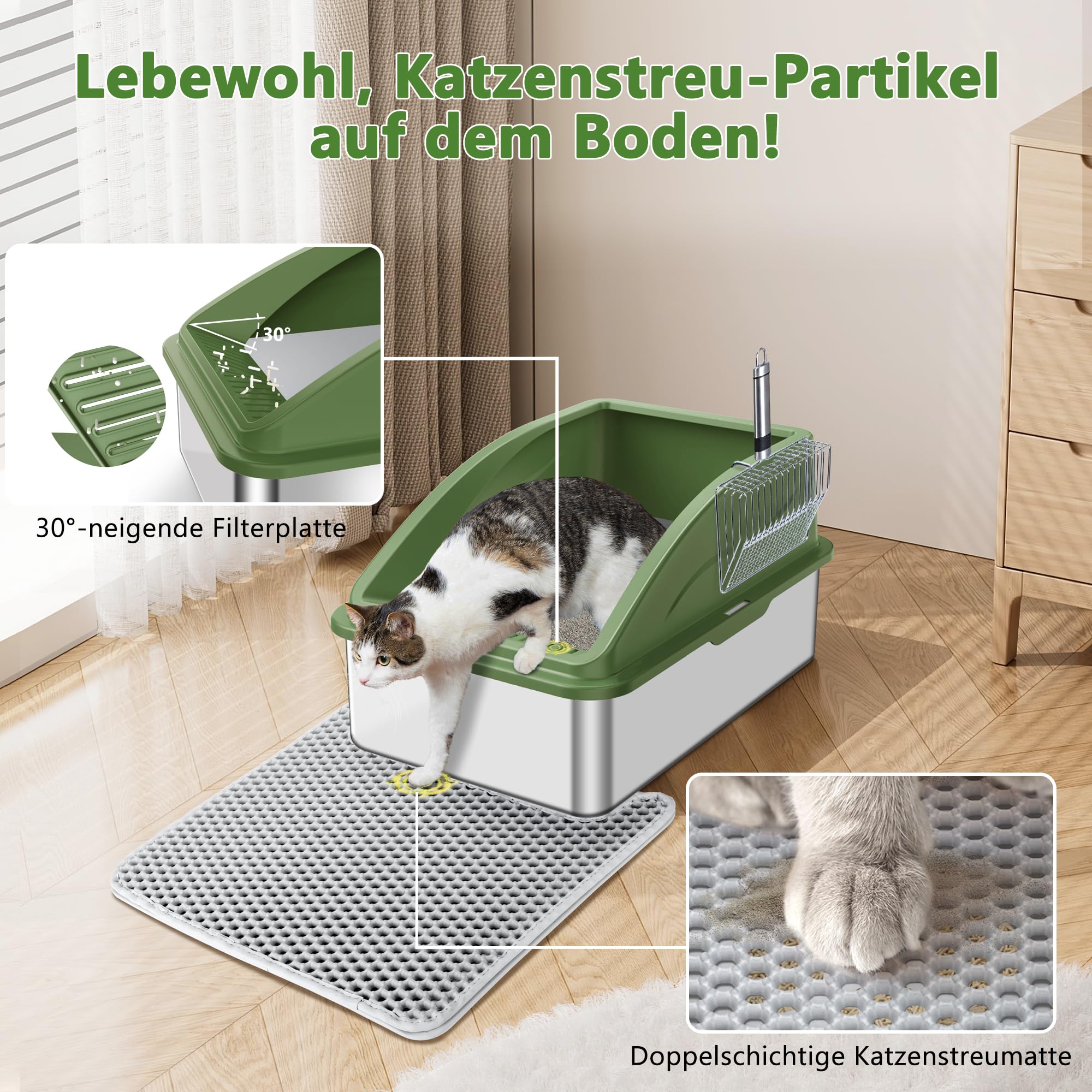 FURTIME - Lettiera per gatti in acciaio inox XXL, 28 L, grande capacità, a prova di fuoriuscite, con paletta per gatti in metallo, 60 x 40 x 31 cm (verde)