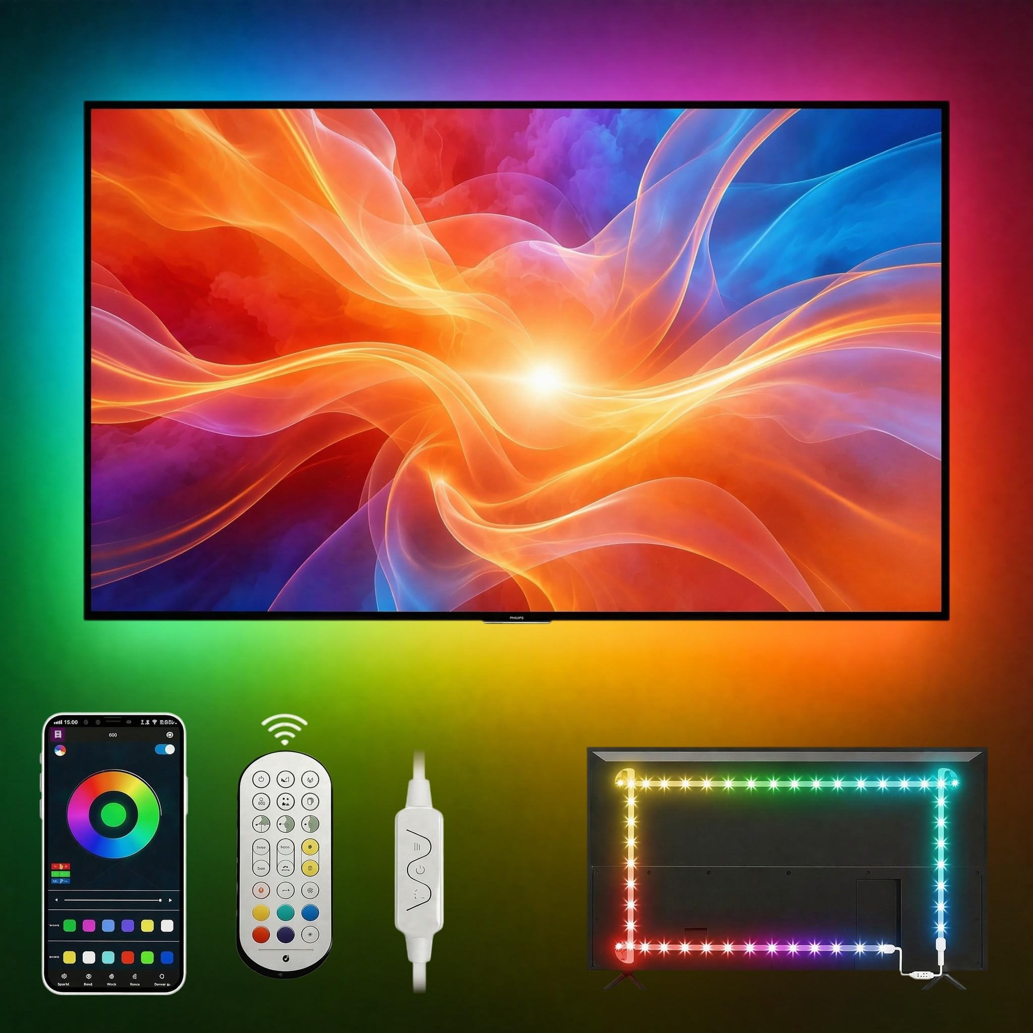 TV LED Backlight,3m LED Lights for 32-43 Inch TV,RGB Strip Lights Music Sync Color Changing with Smart App Control Remote,LED TV Backlight,USB Powered Strip Lights for Gaming Room,Bedroom,Party