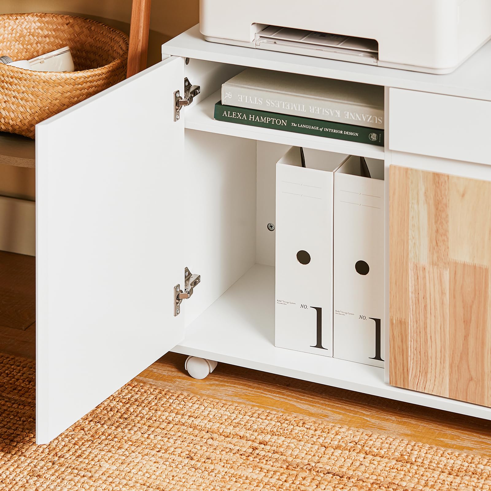 SoBuy Carrello da ufficio Carrello Portaoggetti con Cassetto Tavolino stampante Bianco-Naturale 65x35x58cm ASK04-WN