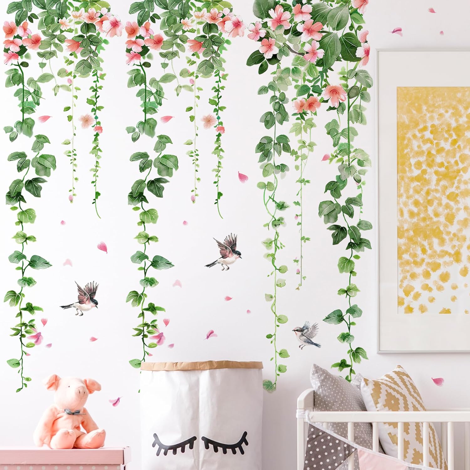4 Sheets Green Plants Flower Wall Decals Hanging Vine Green Leaves Wall Stickers Watercolor Pink Flowers Wall Art Nature Removable Peel and Stick Wallpaper for Kids Bedroom Nursery Home Decoration 21