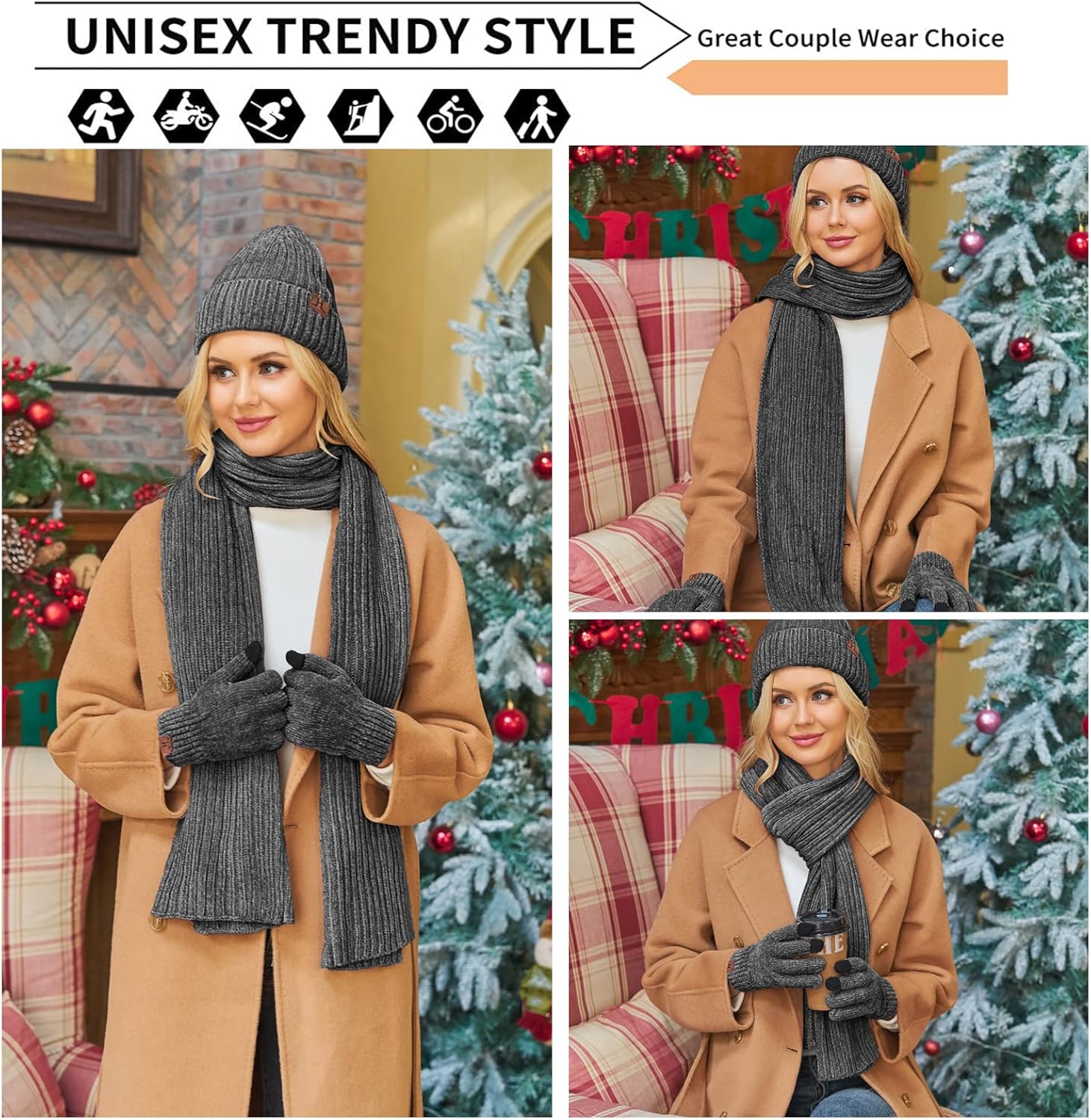 Womens Winter Knit Warm Hat Beanie Long Scarf Touch Screen Gloves Set Skull Caps Neck Scarves for Women - Image 5