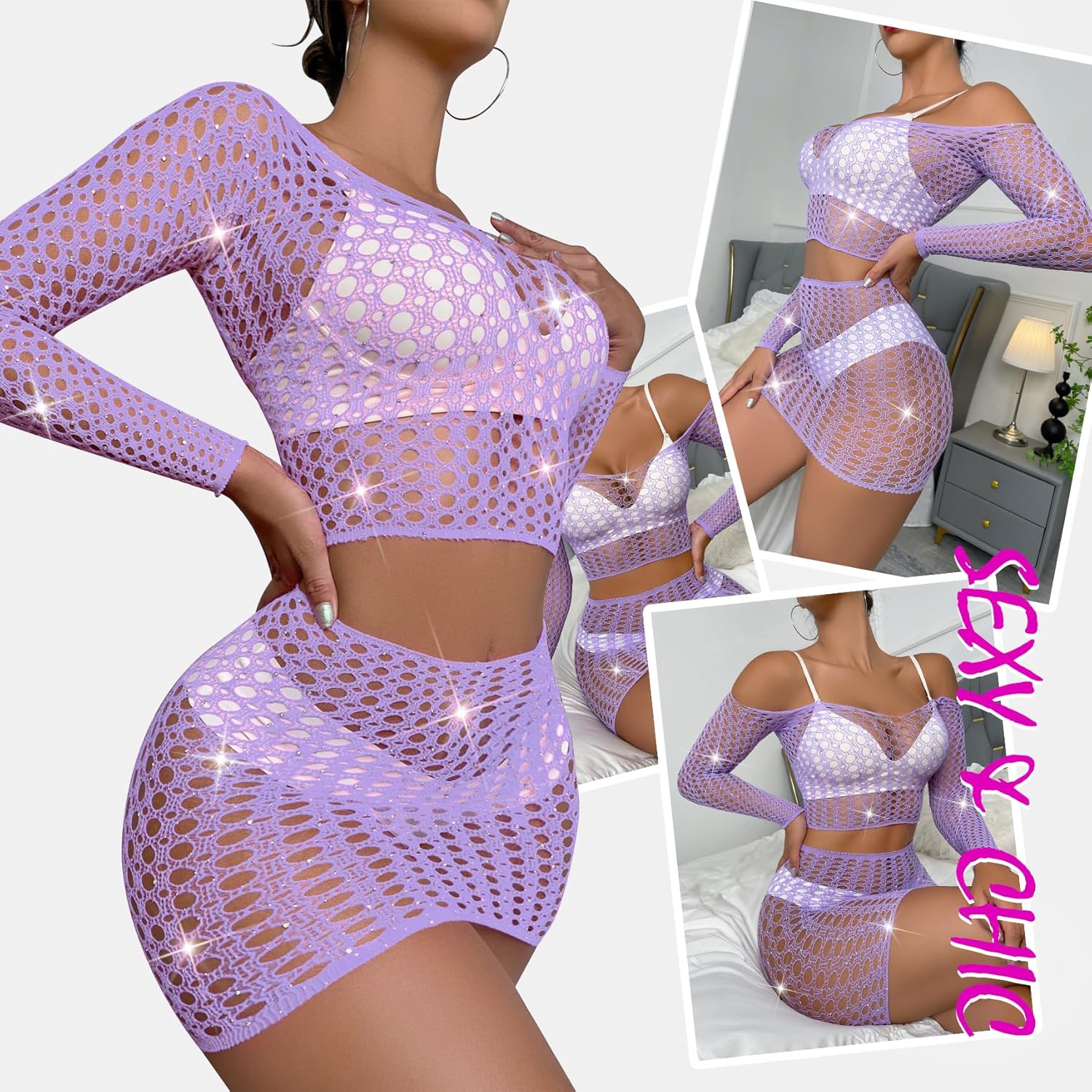 Women's Fishnet Lingerie Set for Women Sparkly Rhinestone Off Shoulder Two Piece Lingerie Set Stripper Outfit - Image 4