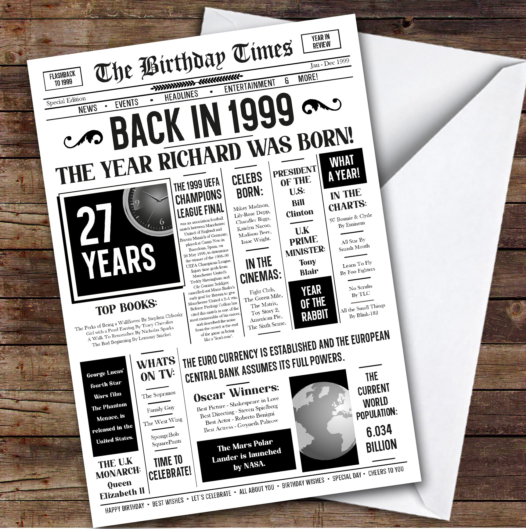 Born In 1999 White Newspaper Birthday Facts Any Year Any Age Personalised Card | What Happened The Year You Were Born, Custom Card, 16th 18th 20th 21st 30th 40th 50th 60th 70th 80th 90th 100th