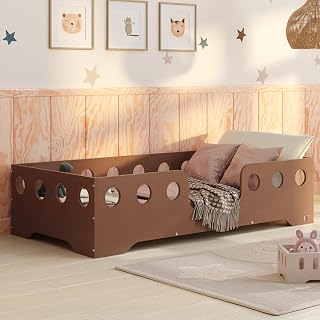 smartwood Cama Infantil 100x180 | Cama Montessori TILA 4 con Barrera & Somier y Bordes Seguros | Color Marrón