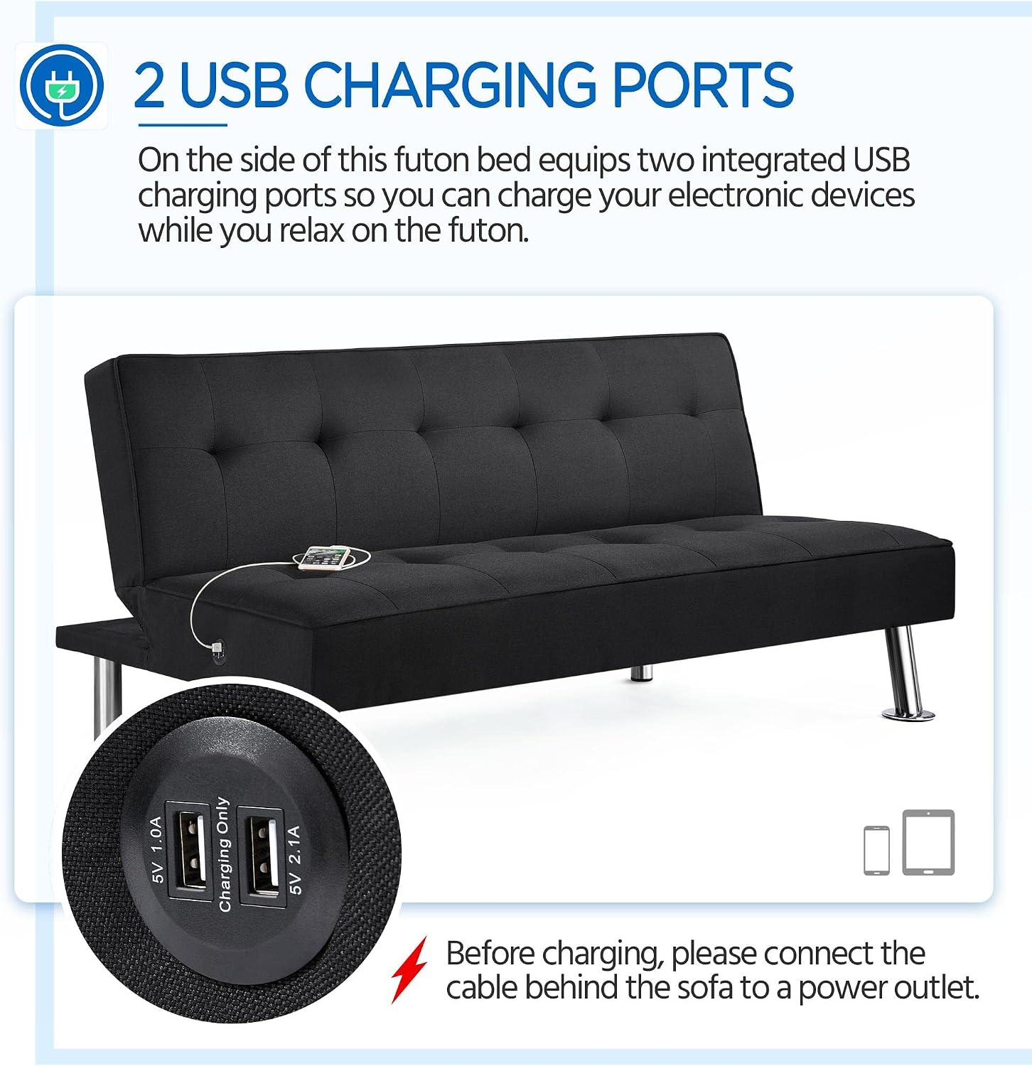 Yaheetech Modern Convertible Futon Sofa Bed w/ 2 Integrated USB Charging Ports Fabric Loveseat Couch Metal Legs, 3 Angles Adjustable Back for Compact Living Space, Apartment, Dorm, Bonus Room Black