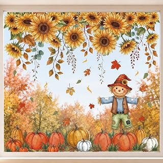 Fall Window Clings for Glass Windows, 9 Sheet Sunflower Autumn Window Cling | Eco PVC, Clear Print, Neat Cut Edges, Waterproof, Reusable, Static Cling, Suitable for Store Cafe Car Window, Patio Door