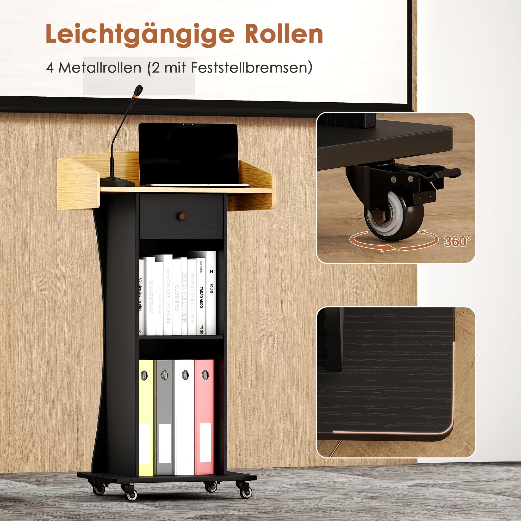 Mobiles Rednerpult mit Rädern, Stehpult mit Schubladen und Verstellbaren Ablagen, Holz-Podium für Schulen, Kirchen und Büro