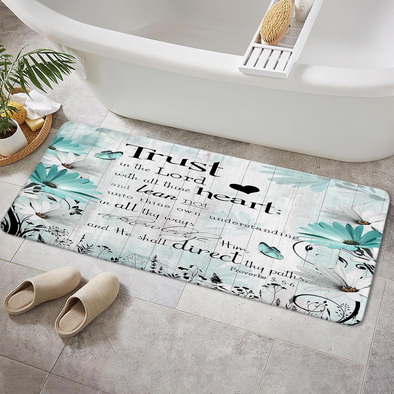 Bible Verse Inspirational Quote Bath Mat, Green Floral Daisy Trust in The Lord Bath Rug for Bathroom, Rustic Farmhouse Butterfly Kitchen Bath Mat Soft Non Slip Bath Rugs 17X48IN