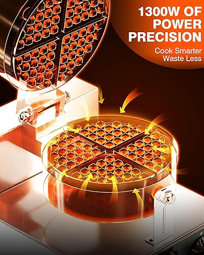 Miniatura 2 de PYY Waffle Maker comercial  1300 W antiadherente Waffle Iron, 20 unidadesH de acero inoxidable redondo belga waflera belga, control de tiempo y