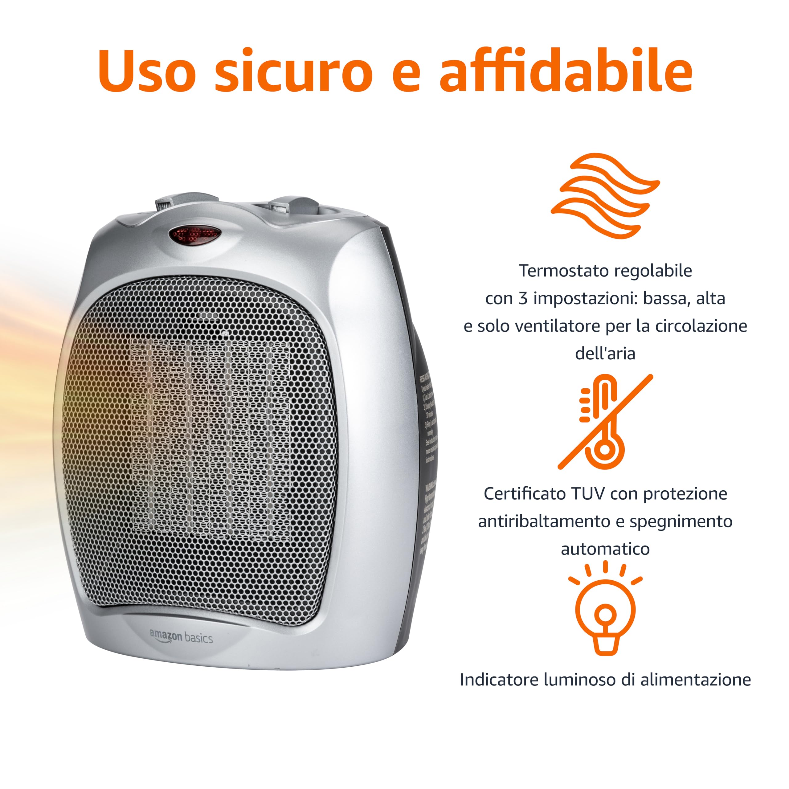 Amazon Basics Termoventilatore in ceramica da 1800 Watt con termostato regolabile - Argento