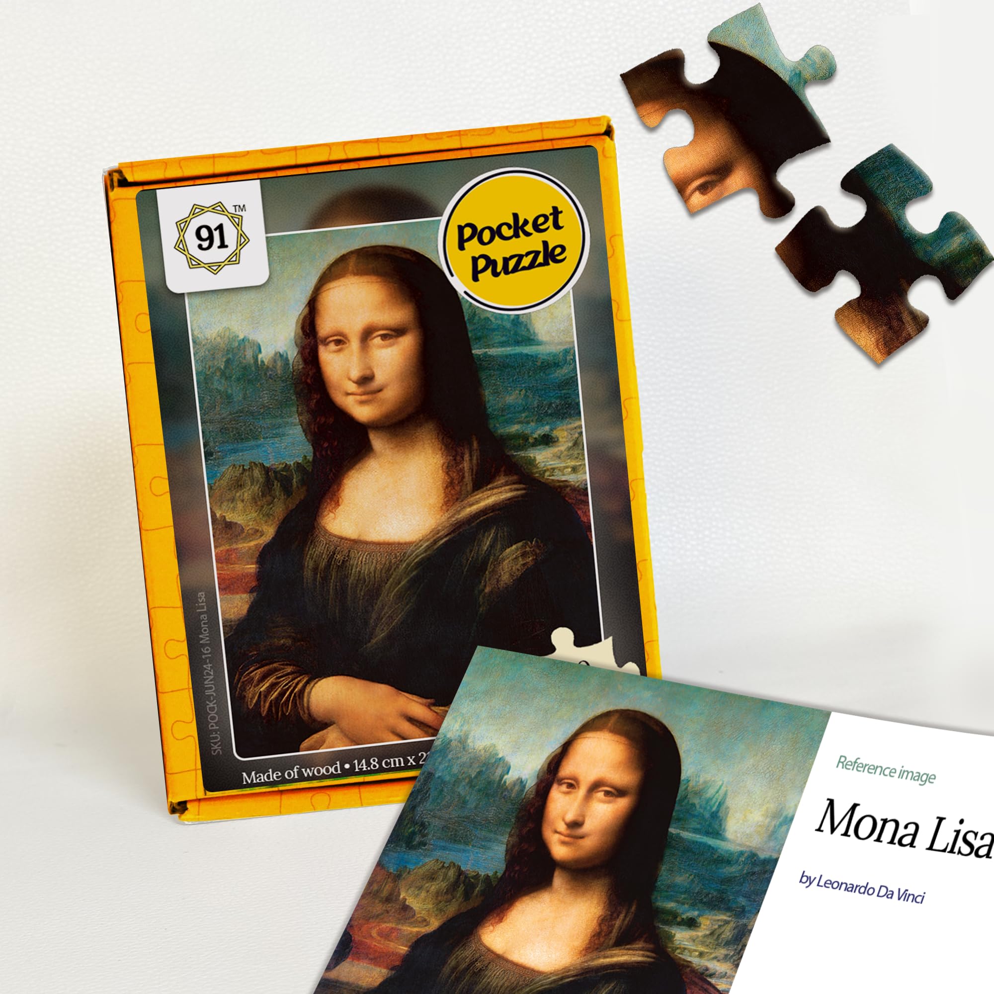 - 91Knots | Mona Lisa 140 Pieces Premium Wooden Pocket Puzzle for Adults & Teens | Classical Art Brain Teaser | Relaxing Mindfulness Activity | Travel-Friendly Gift