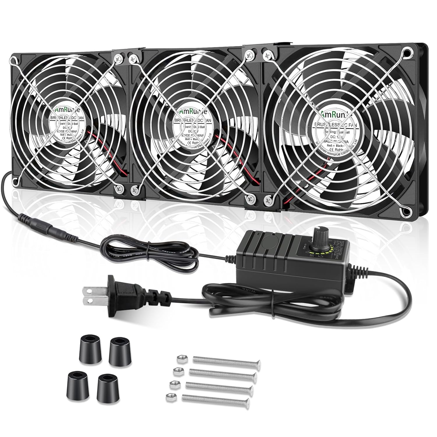 3X 120mm Computer Fan with AC Plug 110V – 240V Small Dual-Ball Box Fans with Speed Controller 4V - 12V for DIY Bedroom Window Exhaust or Intake and Laptop Cooling Pad