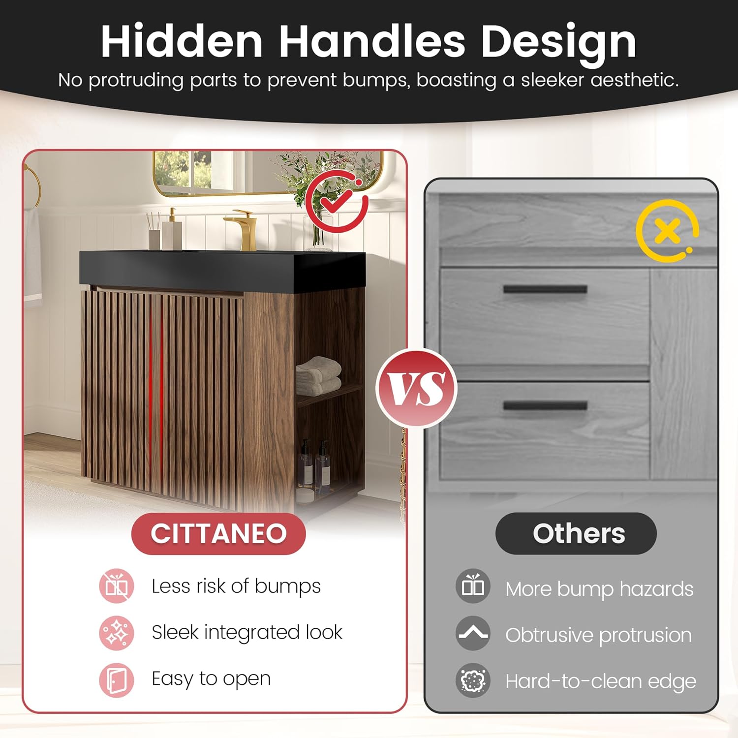 36" Bathroom Vanity with Sink, Freestanding Single Sink Bathroom Vanity with Black Engineered Stone Top & Open Side Storage, Soft-Closing Doors with Adjustable Shelf, Walnut