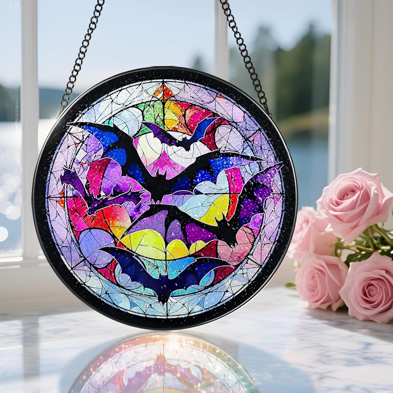8 Inch Stained Glass Suncatcher Ornament, DOUHASU Bat Sun Catchers Indoor Window, Stained Glass Window Hanging, Home Decor, Bat Lovers Gifts for Him, Men - Image 5