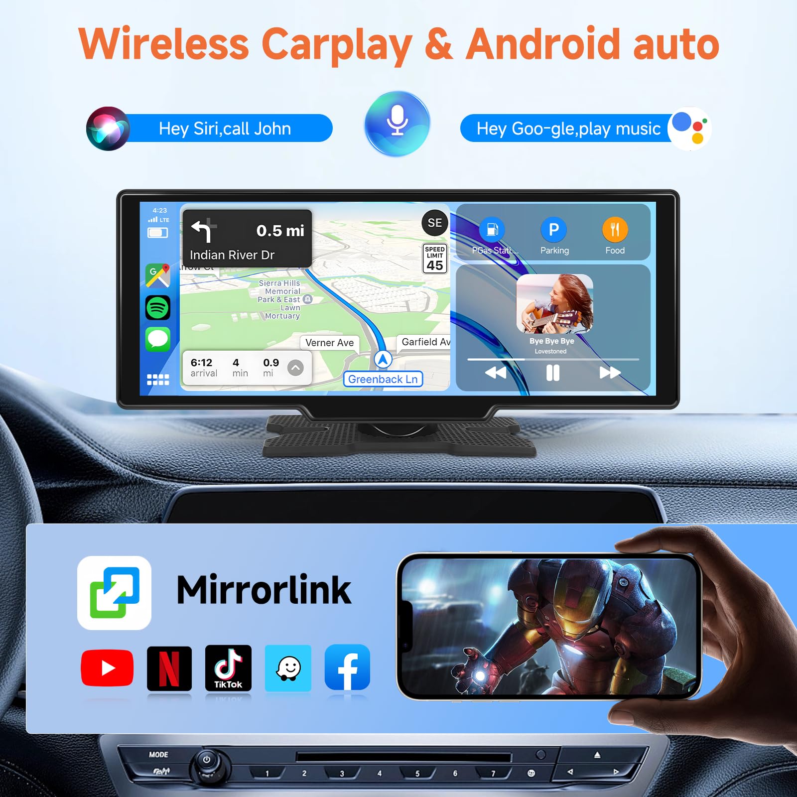 Wireless Carplay Screen for Car, Hodozzy 10,26 Inch Carplay & Andrid Auto Touch Screen Radio for Car,Bluetooth/Mirror Link/Super Link, Voice Control/TF Card/AUX, Portable Car Stereo