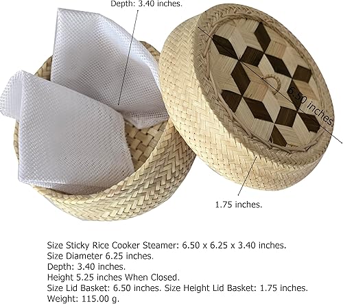 Miniatura 3 de Cesta vaporera de arroz de bambú con tapa, olla de arroz pegajosa tailandesa hecha a mano, olla de mimbre natural con gasa | Perfecto para arroz