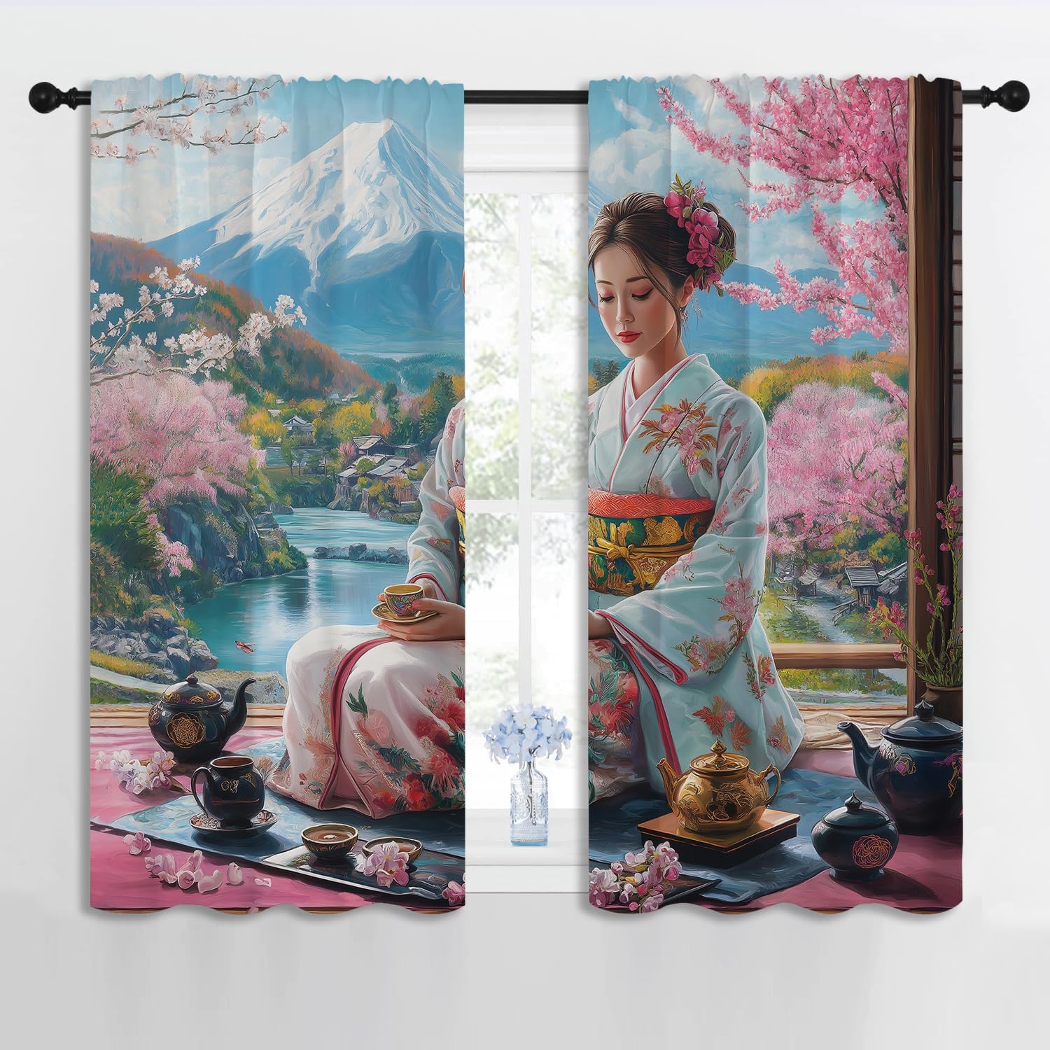 Japanese Geisha Boy Girls Blackout Curtains,Cherry Blossom Spring Asian Garden Oriental, 2 Panel Rod Pocket Thermal Insulated Drapes for Bedroom, Living, Kids Room Deco 42x63 inch