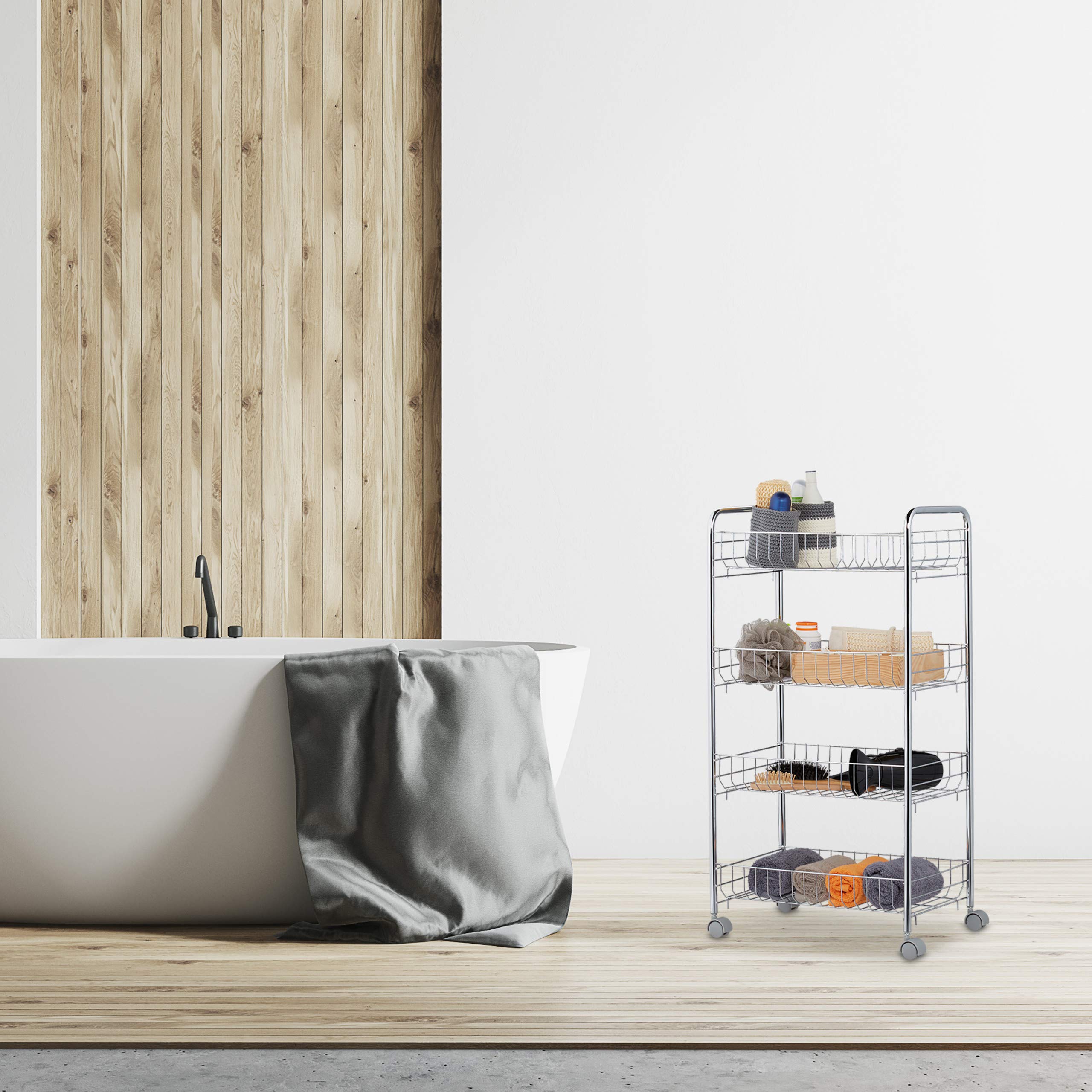 Relaxdays Carrello da Cucina, Ripiani, Portavivande, 4 Ruote,Multiuso,Bagno & Ufficio,Salvaspazio,62,5x40,5x26,5,Argento