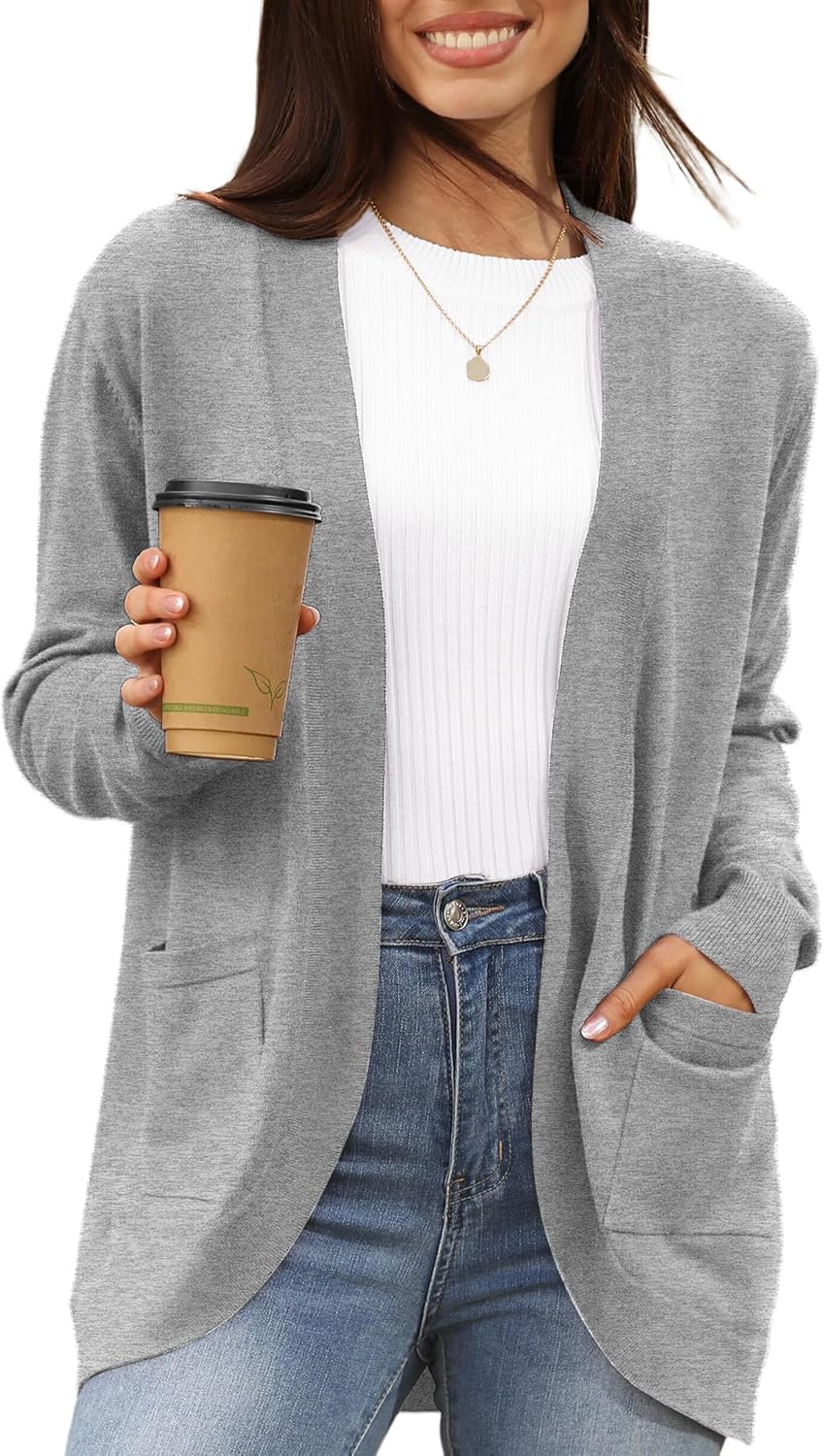 LILBETTER Womens' Long Sleeve Knit Sweater Cardigans Curved Hem Open Front with Pockets