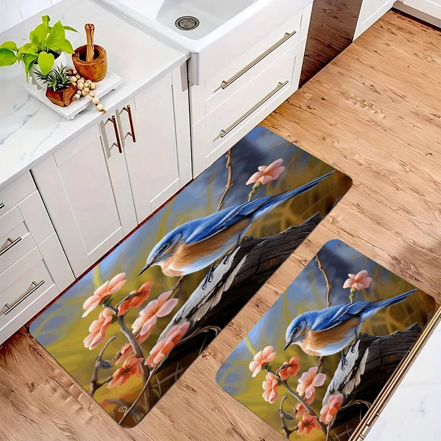 Eastern Bluebird Kitchen Mat Washable Non Slip Rugs Soft Kitchen Mats for Floor Set of 2 PCS Cushioned Absorbent Runner Standing Rugs for Home Sink Laundry Office