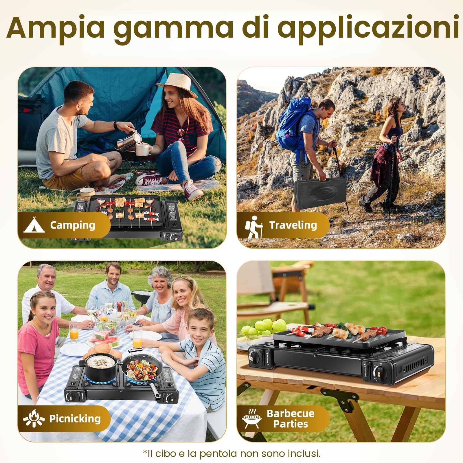 Fornello a gas da campeggio a 2 fuochi, fornello da campeggio con accensione piezoelettrica e serratura di sicurezza, fornello a doppio gas con ciotola e valigetta per barbecue all'aperto